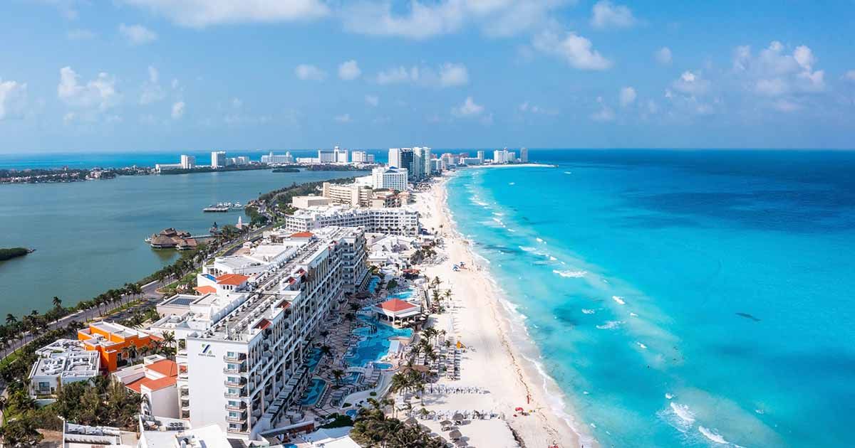 Aerial view of the coastline of Cancun, Mexico.
